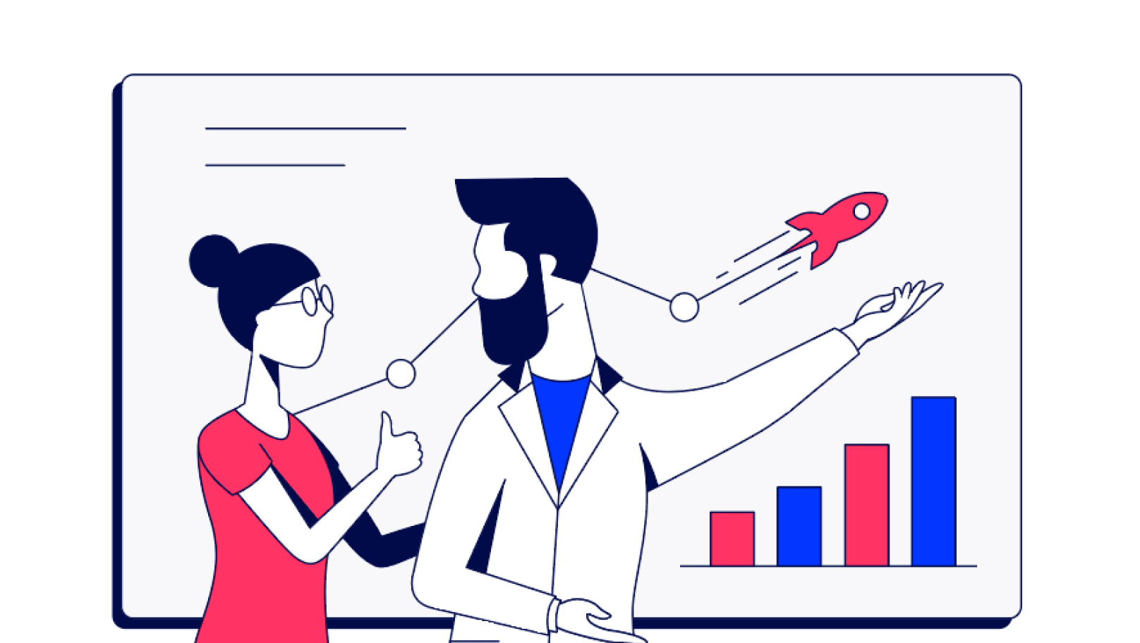 Abstract visual of woman giving a man a thumbs up with charts showing upward trends