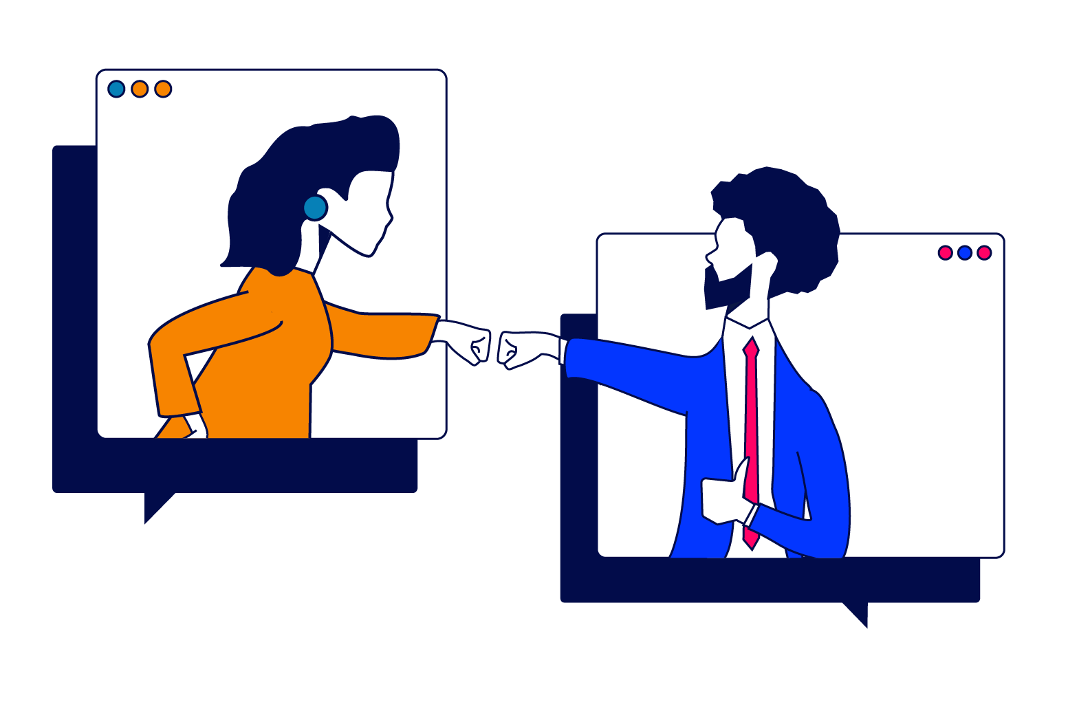 A colorful graphic of a woman in orange fist bumping a man in a suit