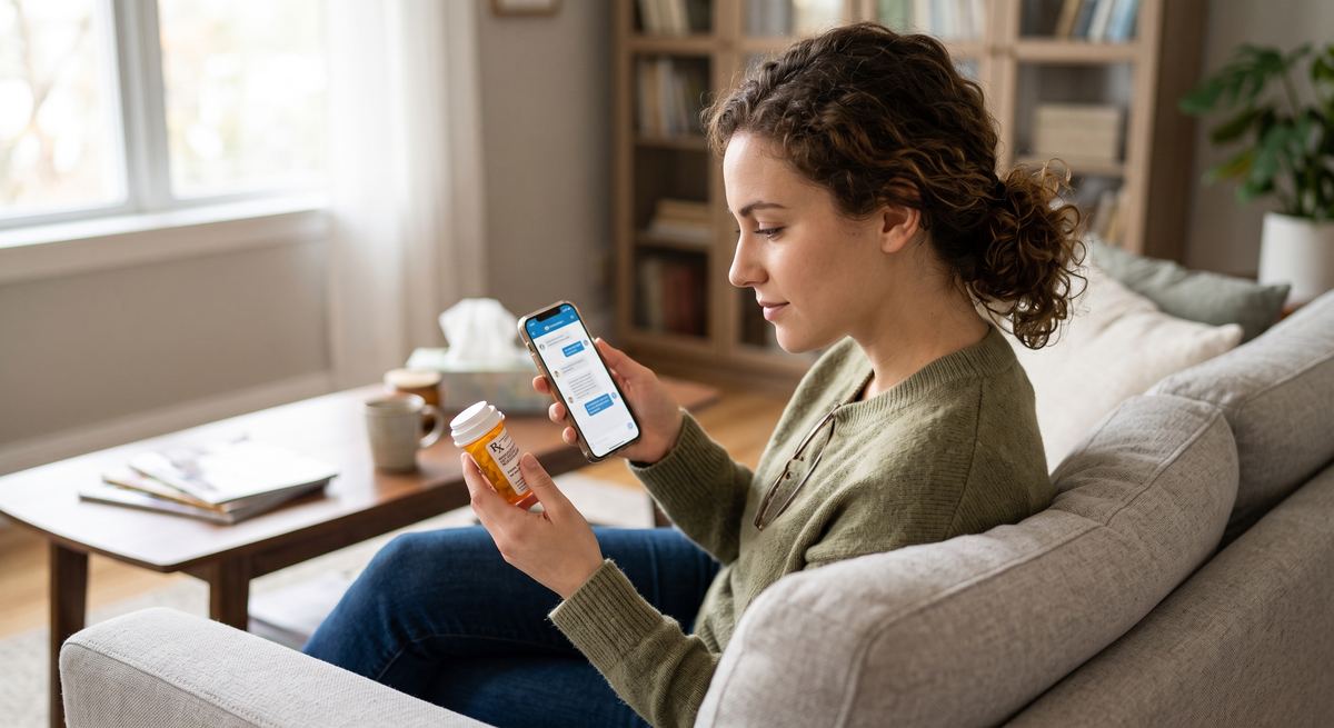 Woman sitting on a couch, checking a medication bottle while using her smartphone.