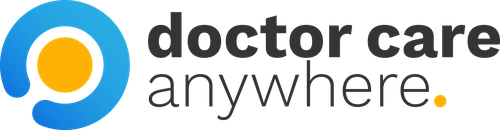 Logo for "doctor care anywhere" with a blue circle and yellow dot.