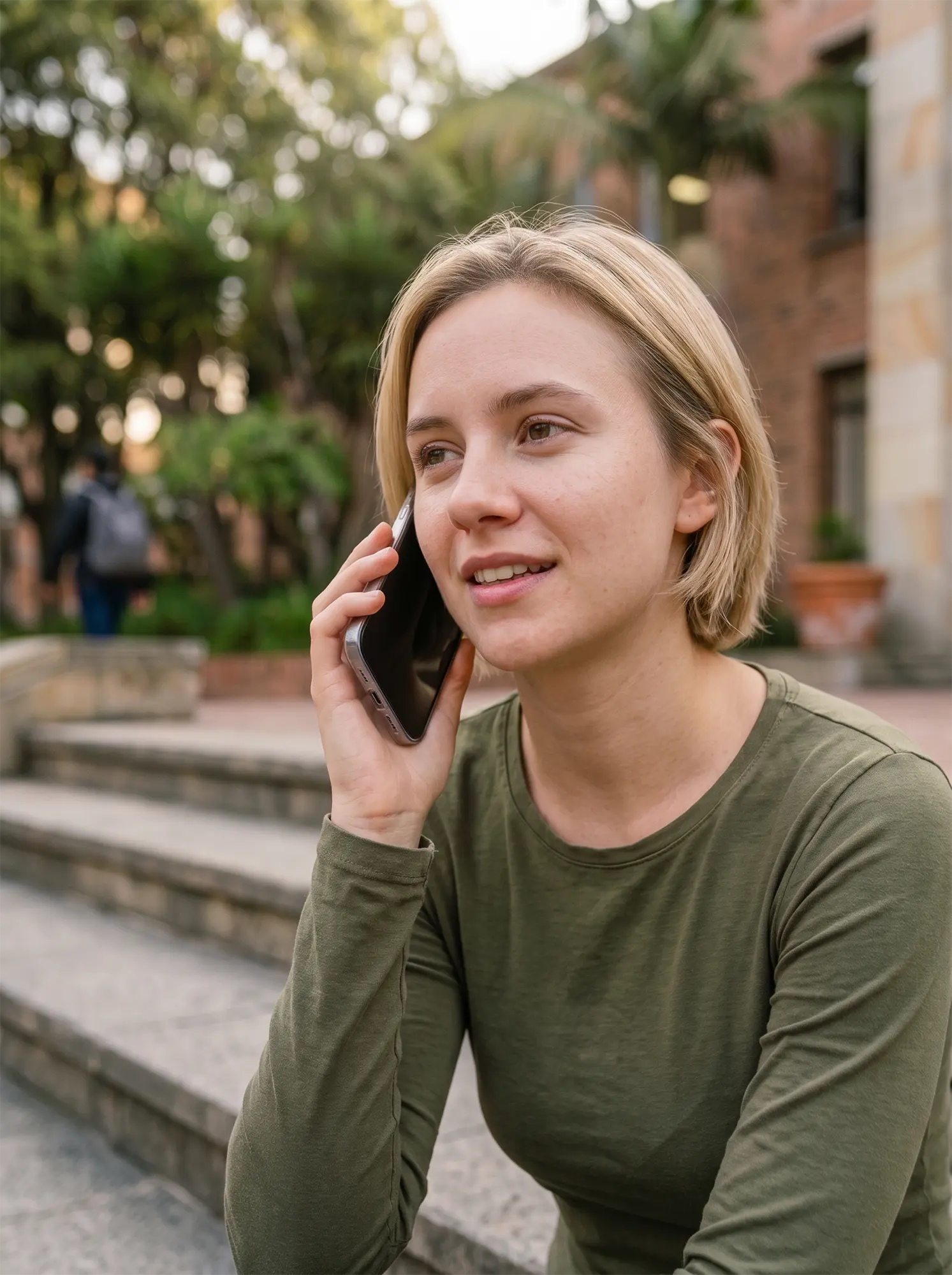A young woman sitting on steps, smiling while talking on her phone in a lush outdoor setting.