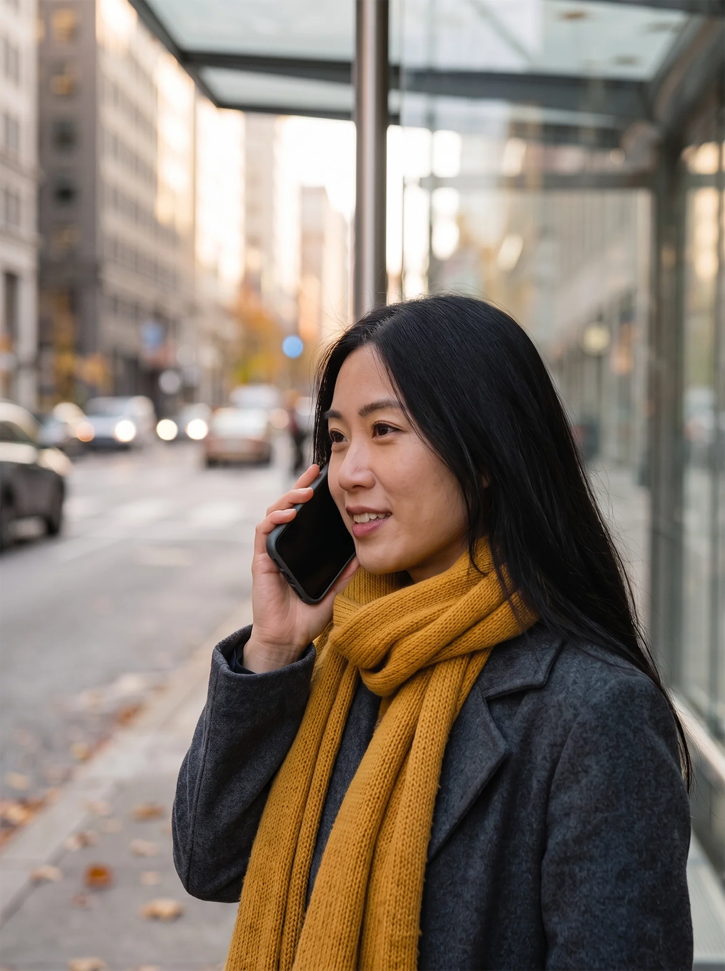 A young woman in a yellow scarf stands at a bus stop, talking on her phone.