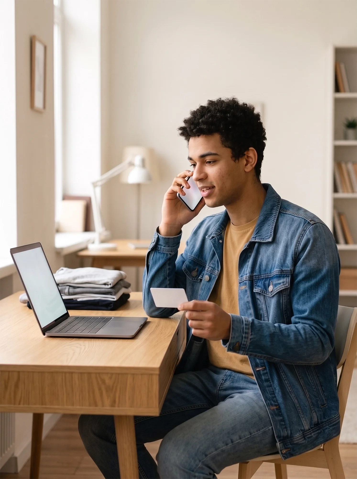 Young man holding a credit card while talking on the phone at a desk with a laptop.