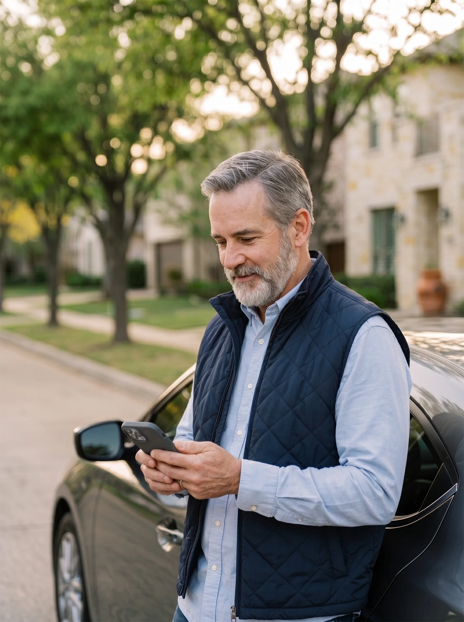 Man in a blue vest checks his phone while leaning against a car on a residential street.