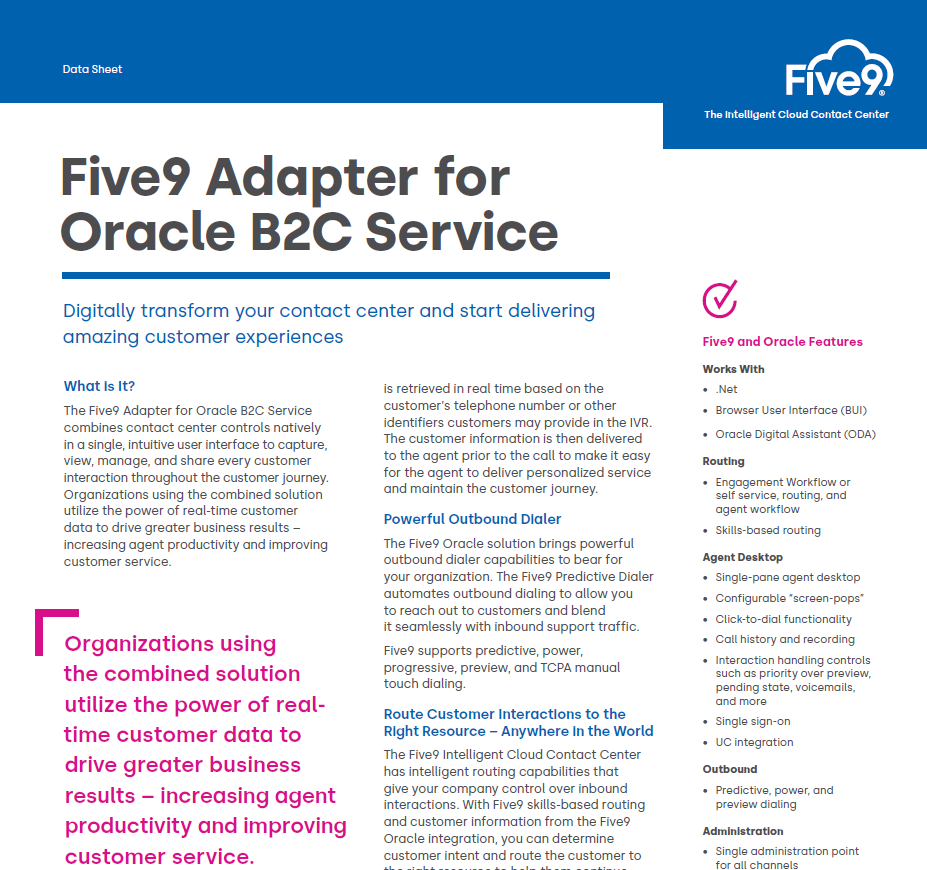Five9 Adapter for Oracle B2C Service Datasheet Screenshot