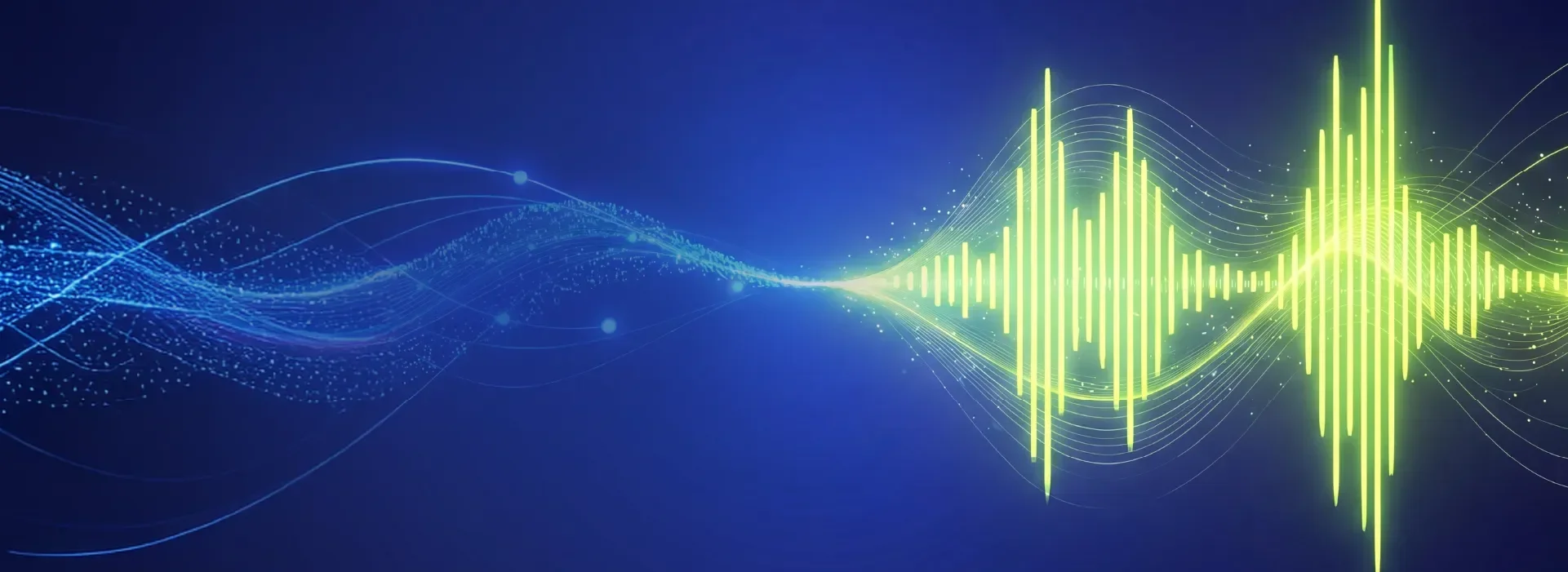 Abstract blue and green digital audio waveform.