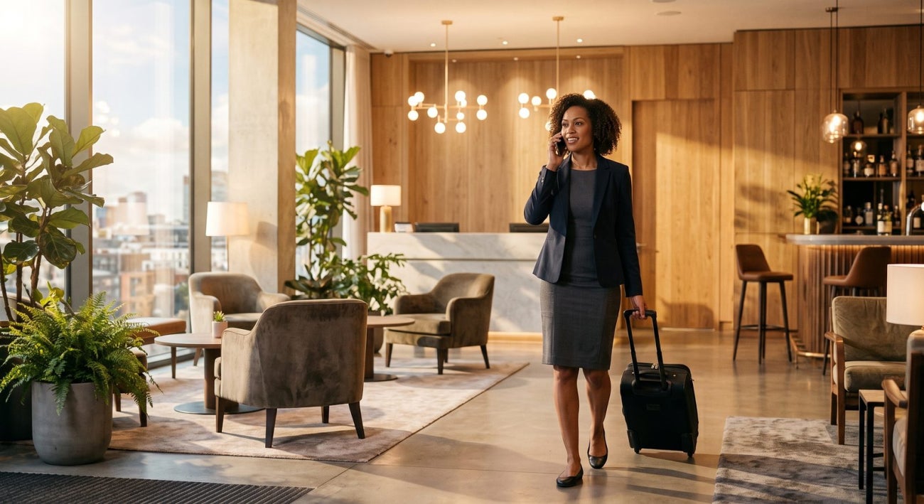Businesswoman on phone in hotel lobby 