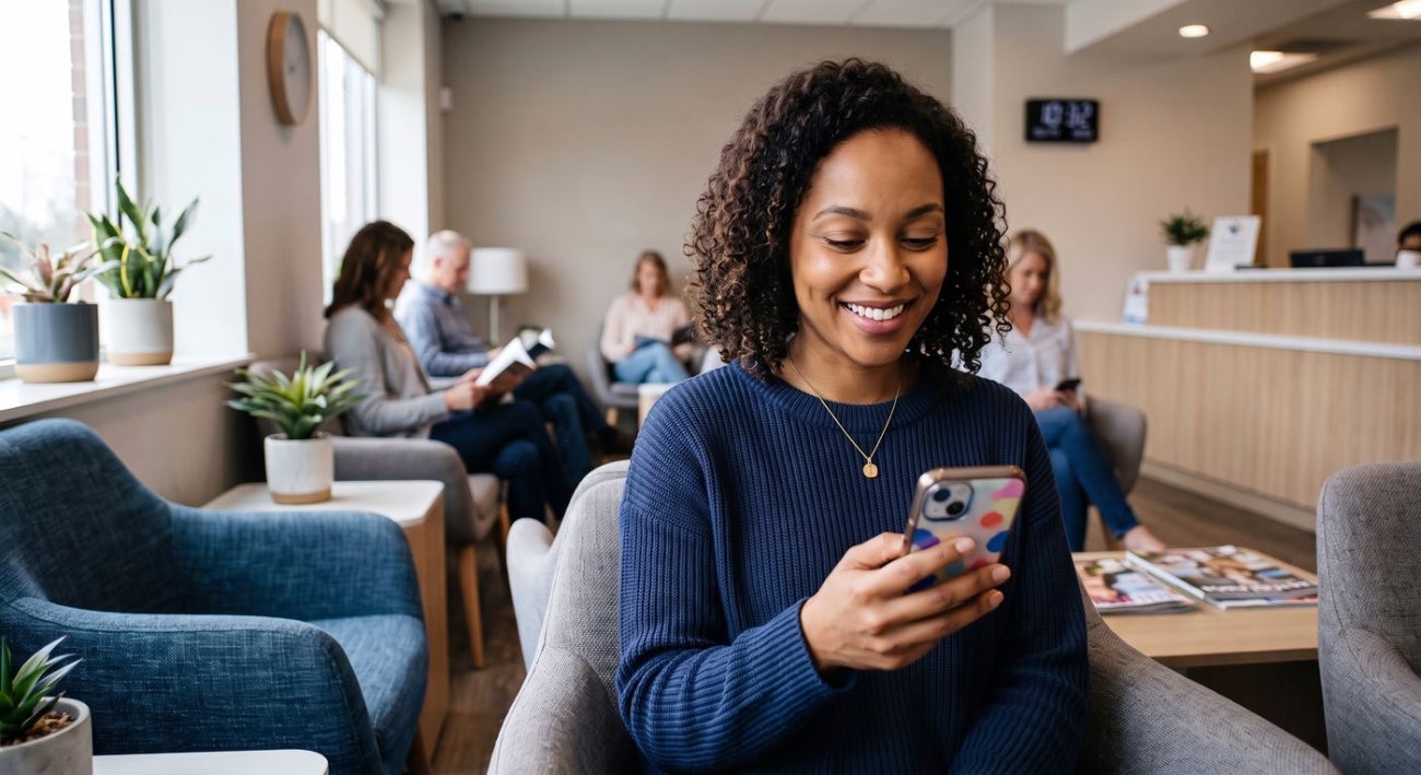 Smiling woman using a smartphone in a waiting area with other people.