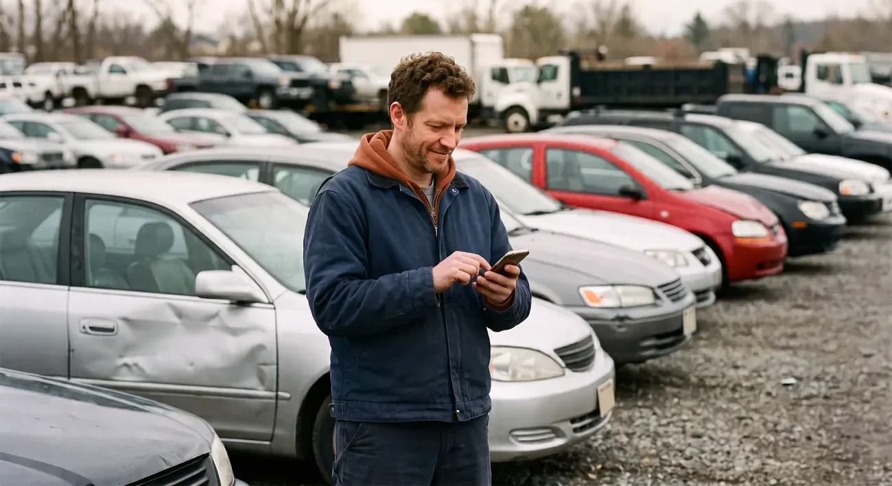 Smiling man using a smartphone in a parking lot filled with cars.