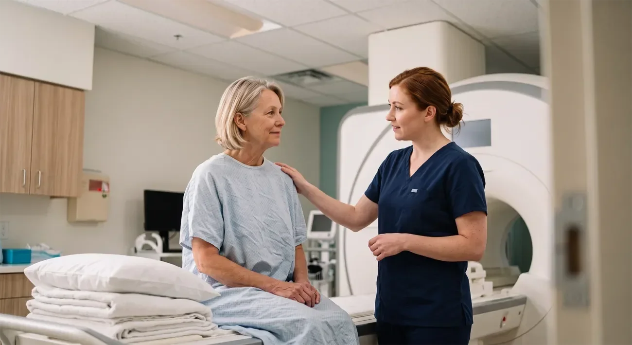 A healthcare professional reassures a patient in a medical setting.