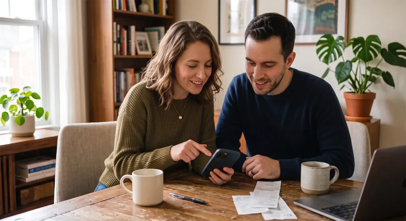 A woman and a man share a smartphone, smiling, with coffee mugs on a wooden table.