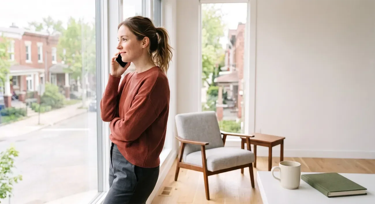 Woman talking on the phone while standing by a large window in a bright, modern room.