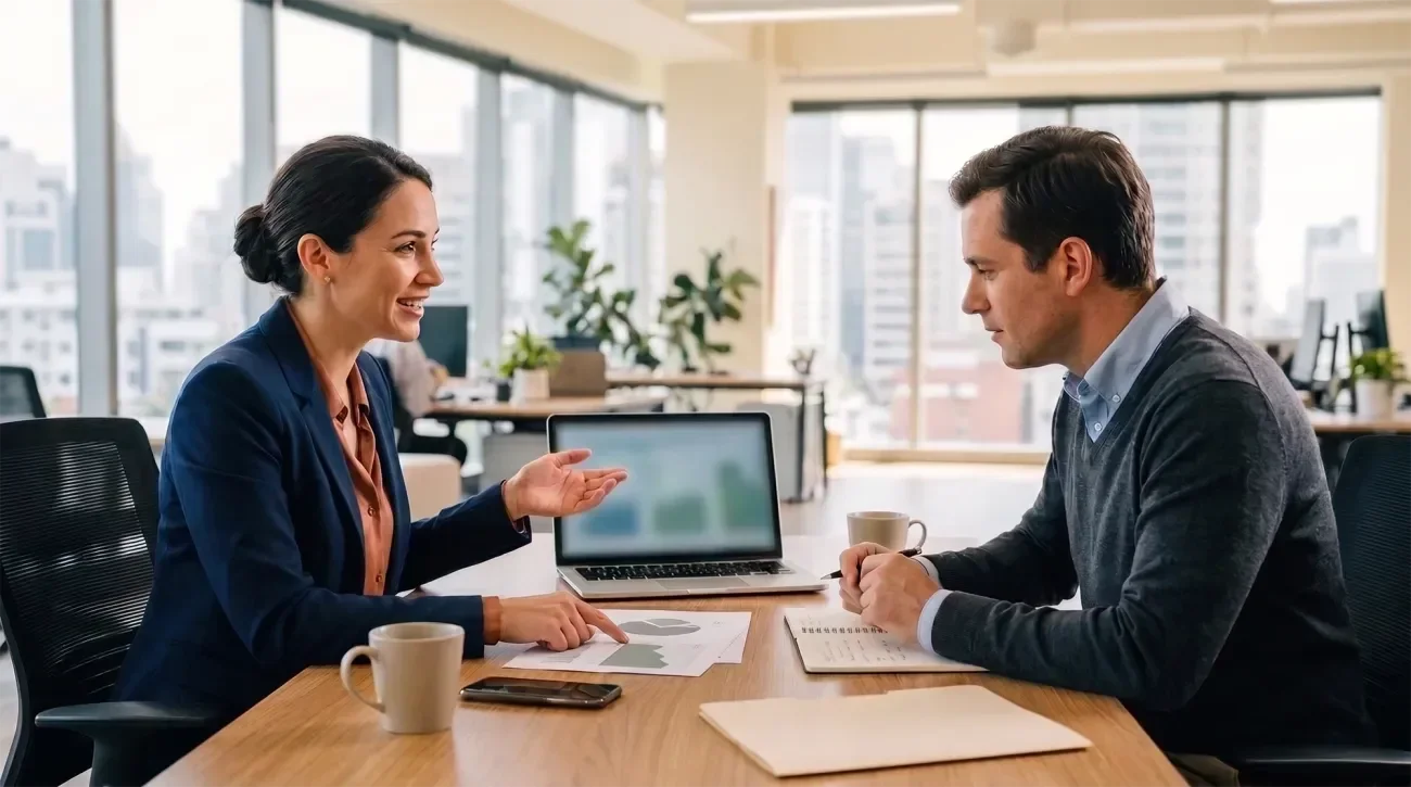 Two professionals engaged in a discussion at a conference table in a modern office.