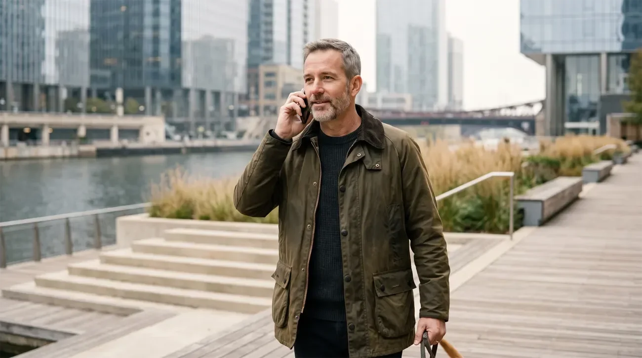 Man in a green jacket talking on a phone by a river in an urban setting.