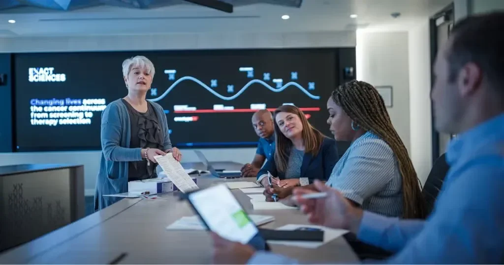 A diverse group of professionals in a meeting, focused on a presenter at the front.
