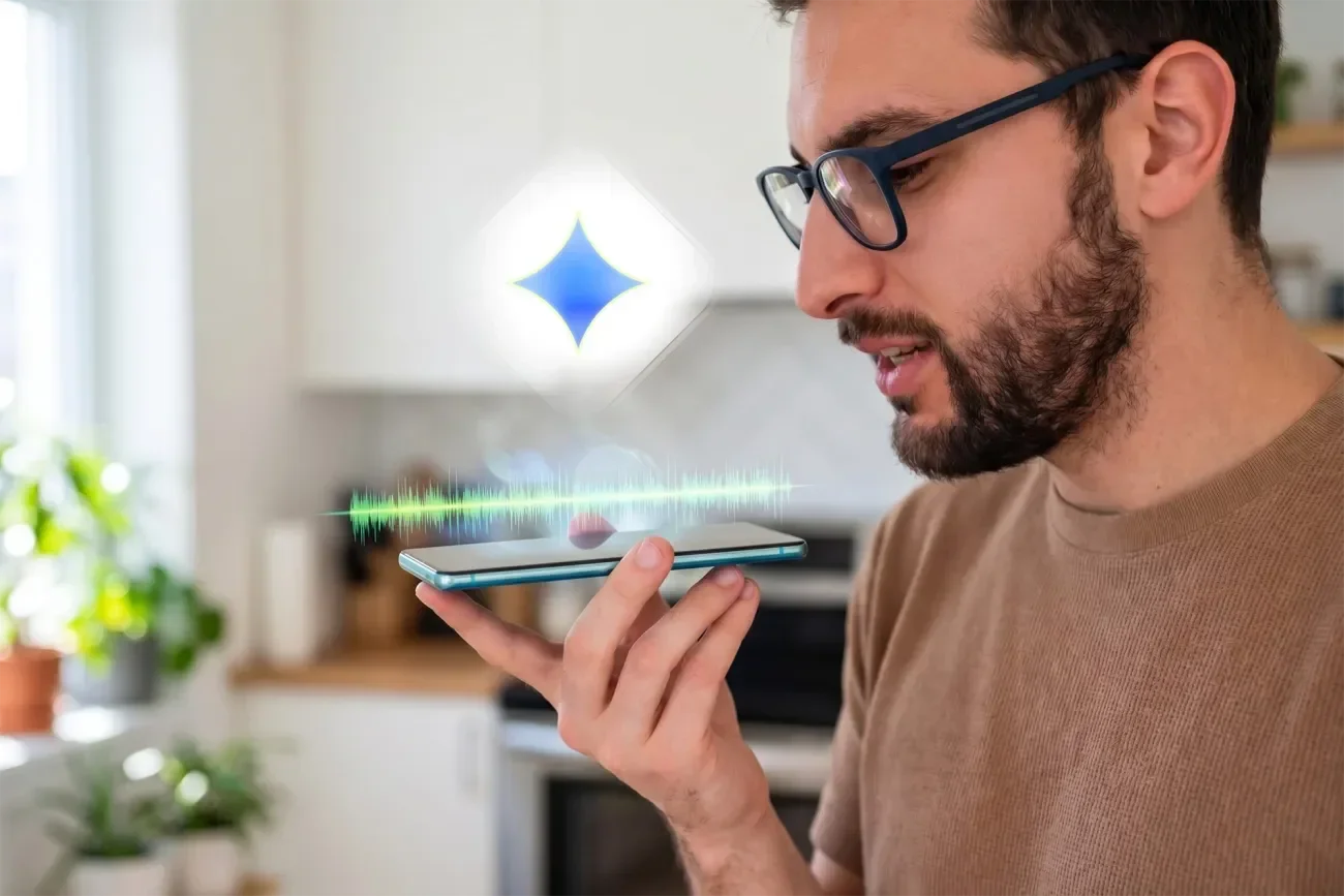 A man speaking into a smartphone, surrounded by plants in a bright kitchen.