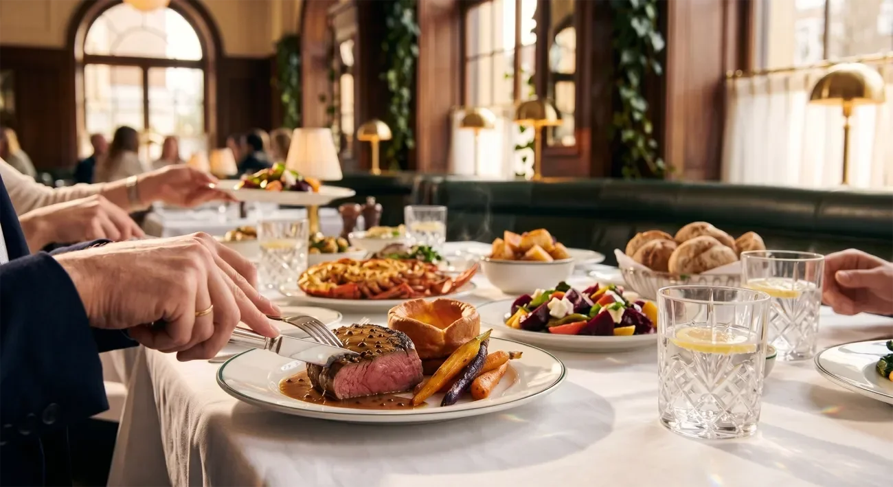 Festive dining setting with plates of food and hands serving a meal at a table.