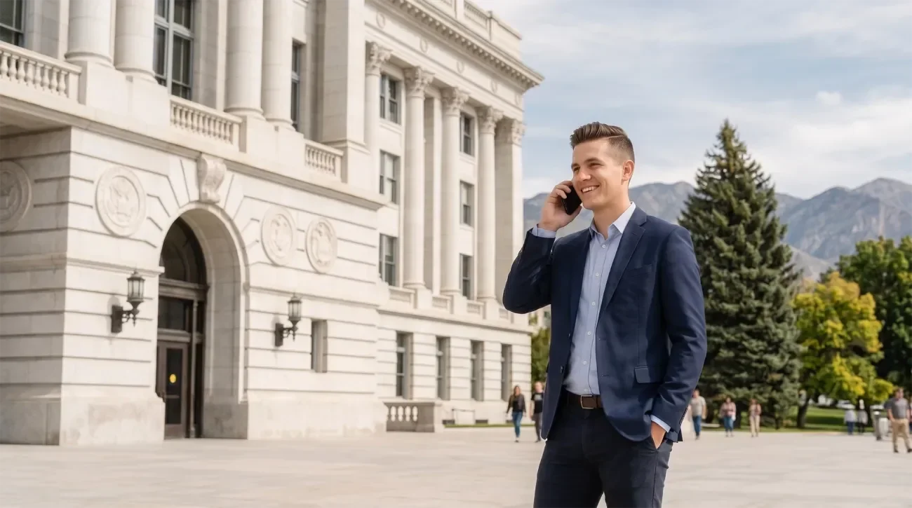 A man in a suit talks on the phone outside a grand building with mountains in the background.