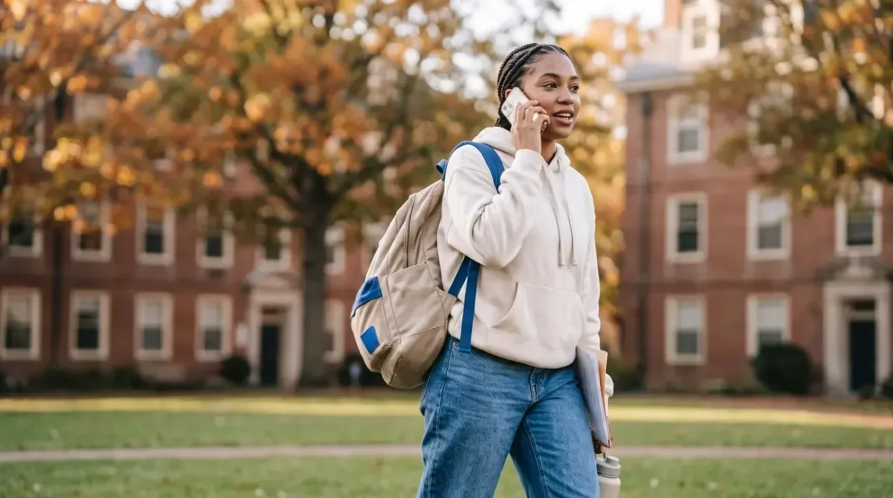 A student with a backpack walks and talks on the phone in an autumn campus setting.