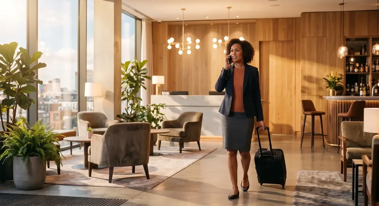 A businesswoman in a suit walks through a modern hotel lobby, speaking on her phone.