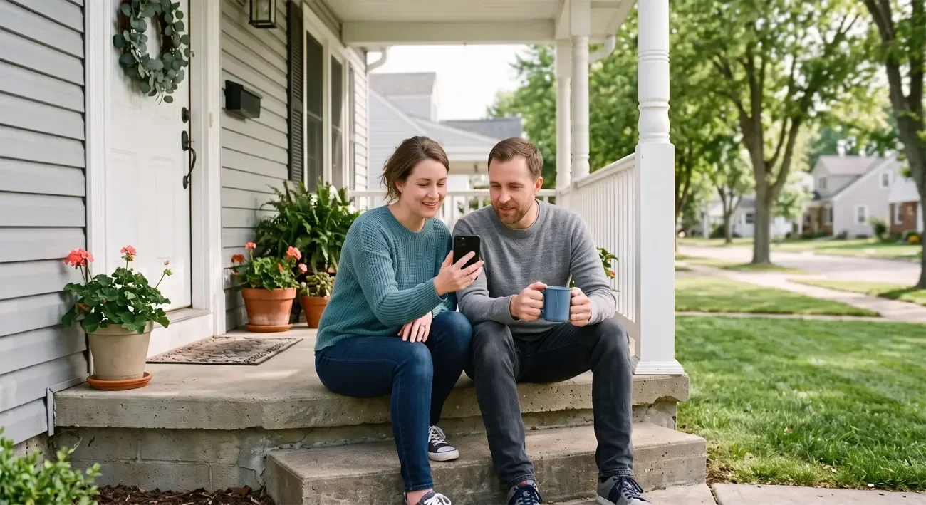 A woman and a man sit on porch steps, smiling at a smartphone, surrounded by greenery.