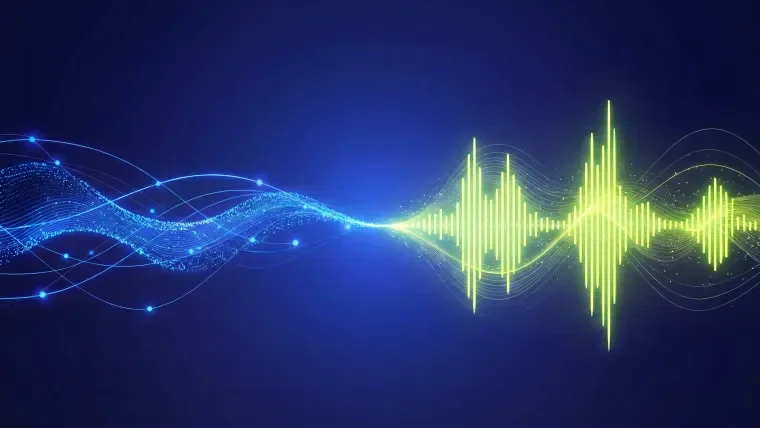 Abstract soundwave visualization with flowing blue and green waves on a dark background.