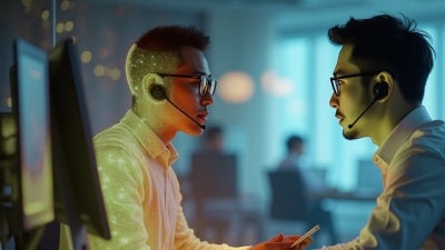 Two men wearing headsets engage in a focused conversation in a dimly lit office.