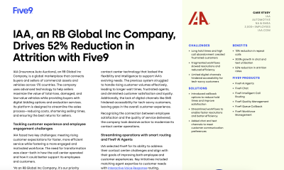 Text document featuring a case study on IAA and Five9, highlighting a 52% attrition reduction.