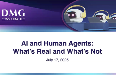 Presentation slide titled "AI and Human Agents: What's Real and What's Not" with a date.
