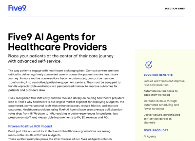 Document titled "Five9 AI Agents for Healthcare Providers" with a clean layout and blue accents.