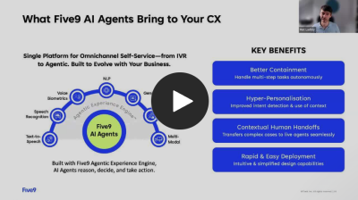 Graphic depicting Five9 AI agents with a central logo and key benefits listed on the right.