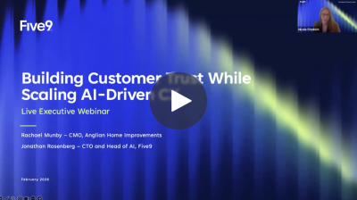 Webinar slide with title, "Building Customer Trust While Scaling AI-Driven Care" and video play button.