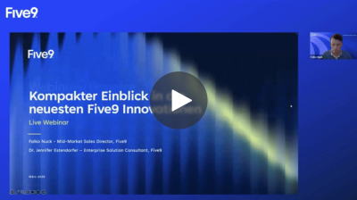 Webinar slide for Five9 showcasing a speaker and video play button on a blue background.