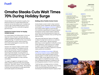 Report on Omaha Steaks reducing wait times by 70% during holiday surge, with a fire pit image.