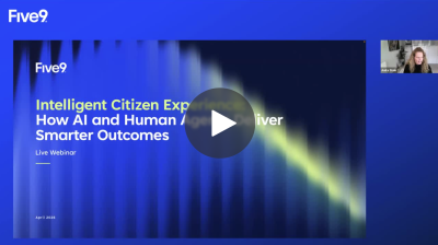 Title slide for Five9 presentation on AI and human collaboration for better outcomes, with a video play button.