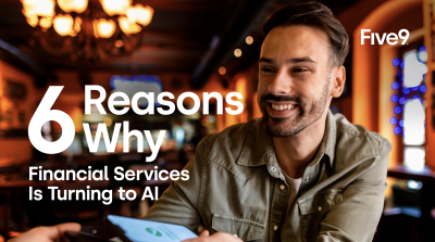 A man smiles while holding a phone in a warmly lit cafe, with text overlay about AI in finance.