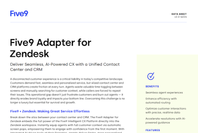 Document featuring the Five9 Adapter for Zendesk, with text and logos.