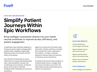 Marketing brochure titled "Simplify Patient Journeys Within Epic Workflows" with text and logo.