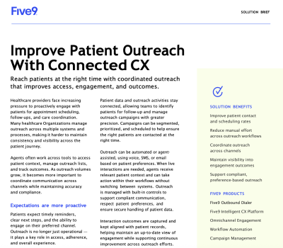 Brochure discussing patient outreach strategies with the Five9 logo at the top.