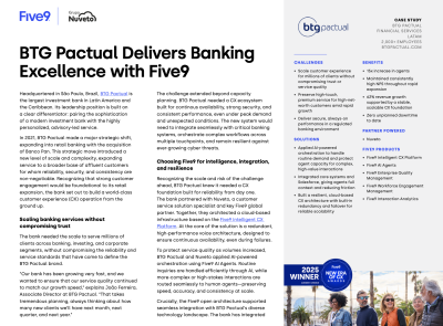 BTG Pactual brochure discussing banking solutions with Five9, featuring text and logo.