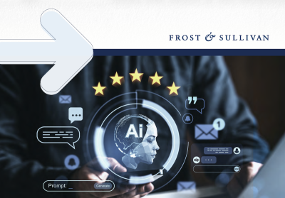 Graphic featuring AI-related icons and a person interacting with technology.