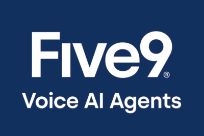 Five9 logo with "Voice AI Agents" text on a dark blue background.