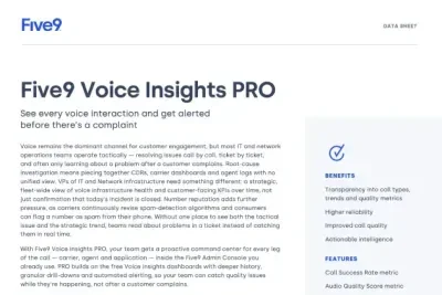 Five9 Voice Insights Pro promotional document with text outlining features and benefits.