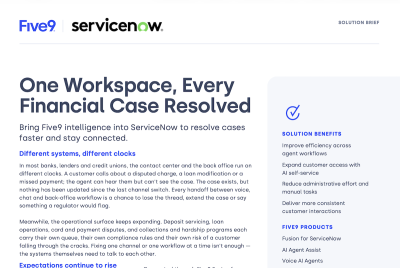 Text document promoting a financial resolution workspace by Five9 and ServiceNow.