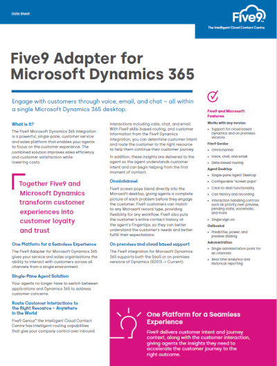 Five9 Adapter for Microsoft Dynamics 365 Datasheet Screenshot