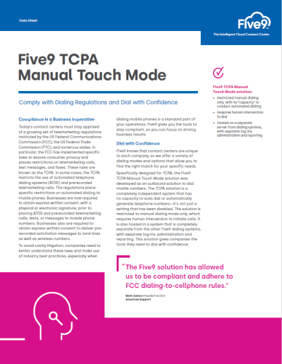 Five9 TCPA Manual Touch Mode Datasheet Screenshot