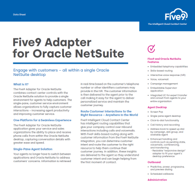 Five9 Adapter for Oracle NetSuite Datasheet Screenshot