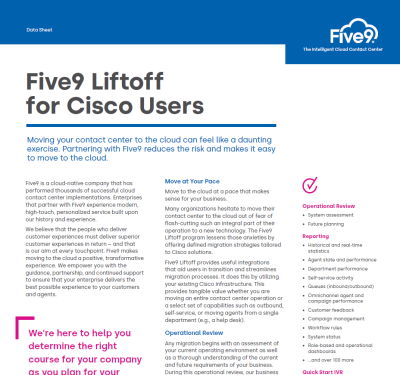 Five9 Liftoff for Cisco Users Datasheet Screenshot