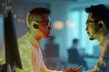 Two men wearing headsets engage in a focused conversation in a dimly lit office.
