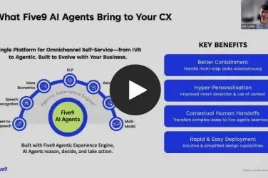 Graphic depicting Five9 AI agents with a central logo and key benefits listed on the right.